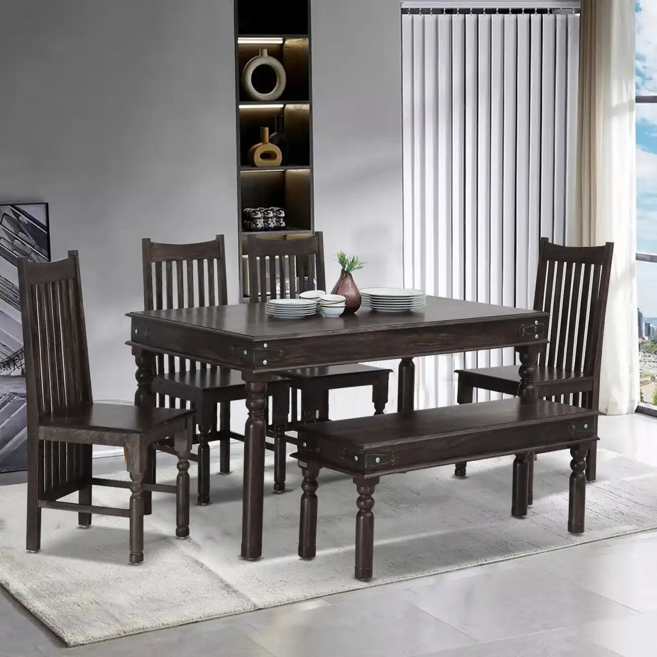 Heavy duty Samrita solid wood six-seater dining table set with bench long lasting furniture