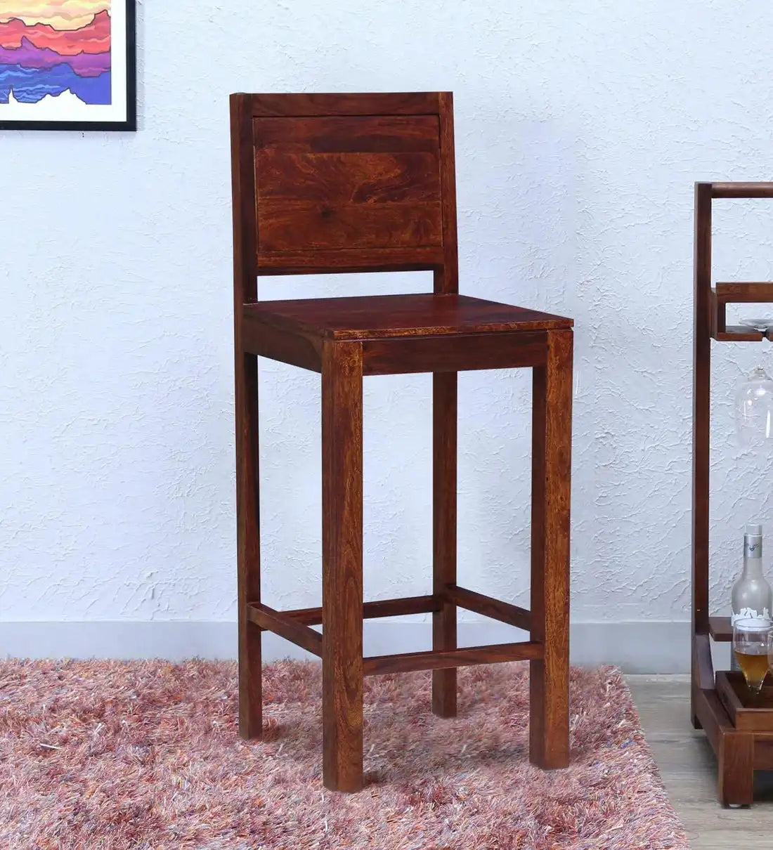 High back bar chair in solid sheesham wood for comfortable long seating