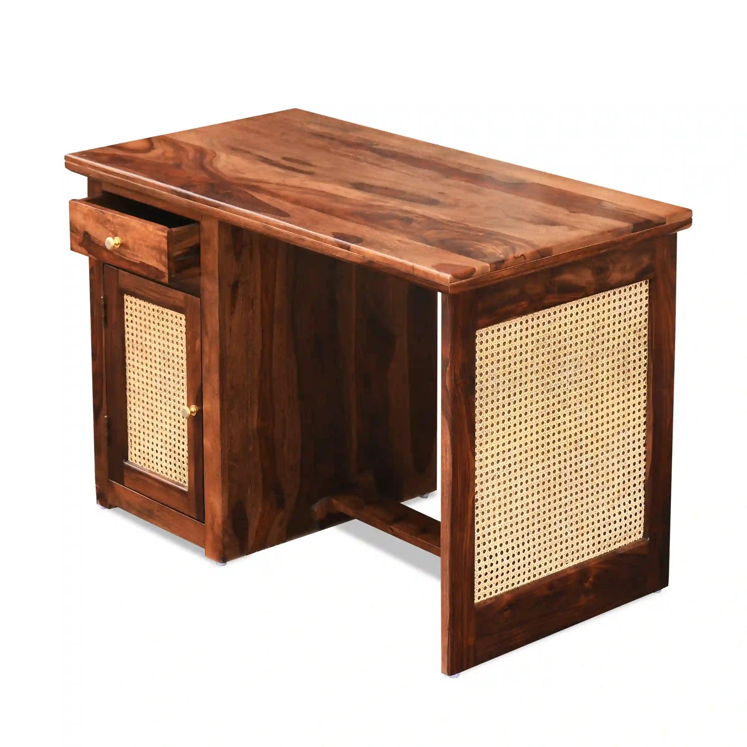 Home office desk sheesham wood study table with cane storage design