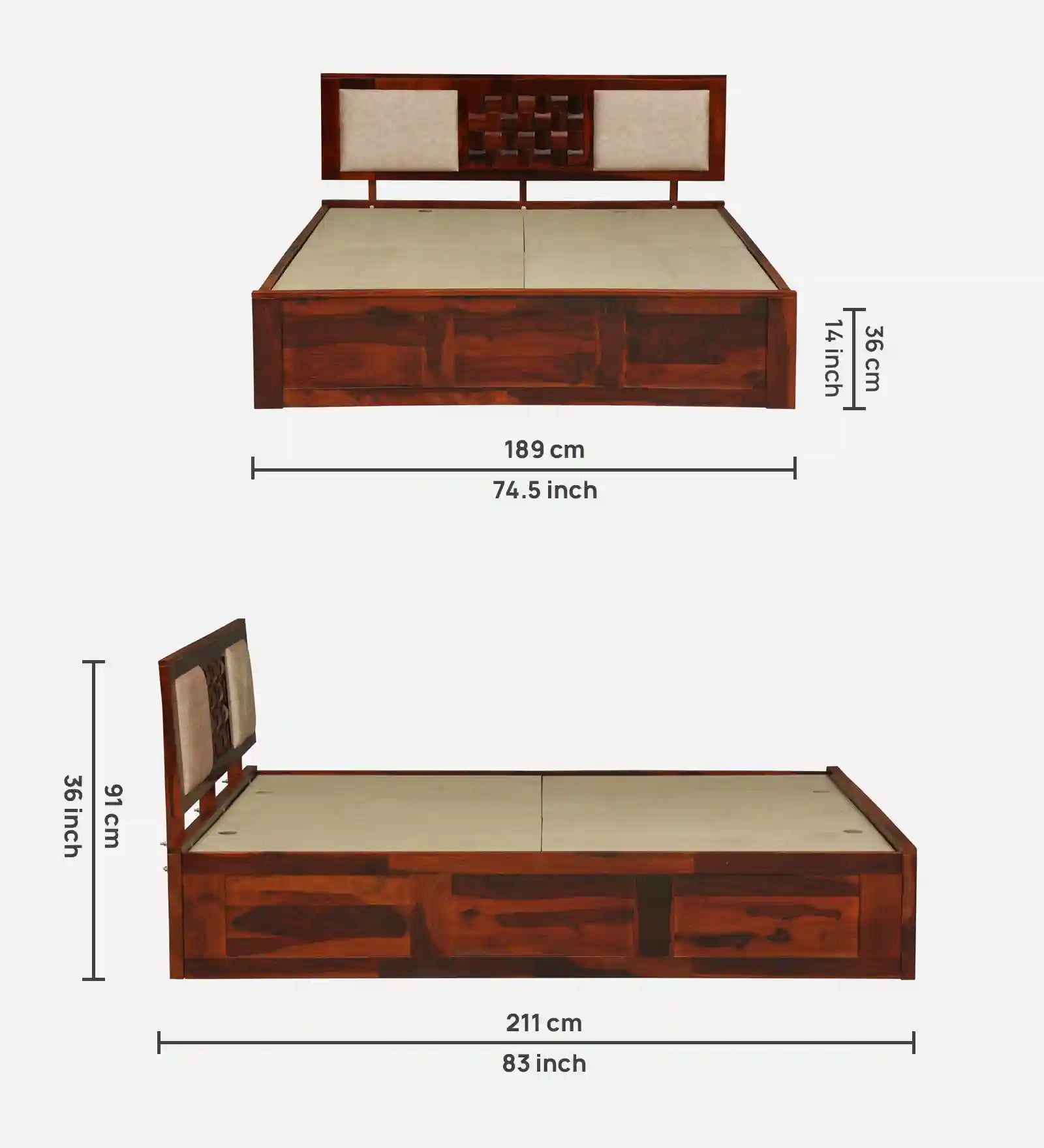 Indian solid wood king size bed with storage design