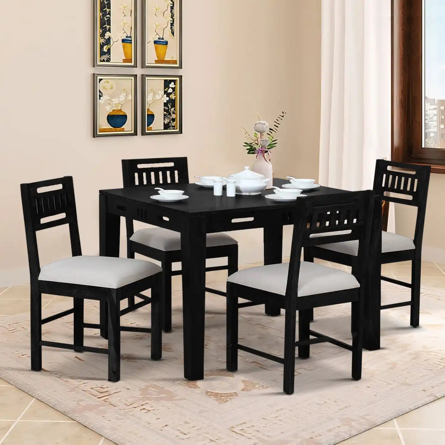 Jenine handcrafted solid wood four seater dining table set strong durable furniture
