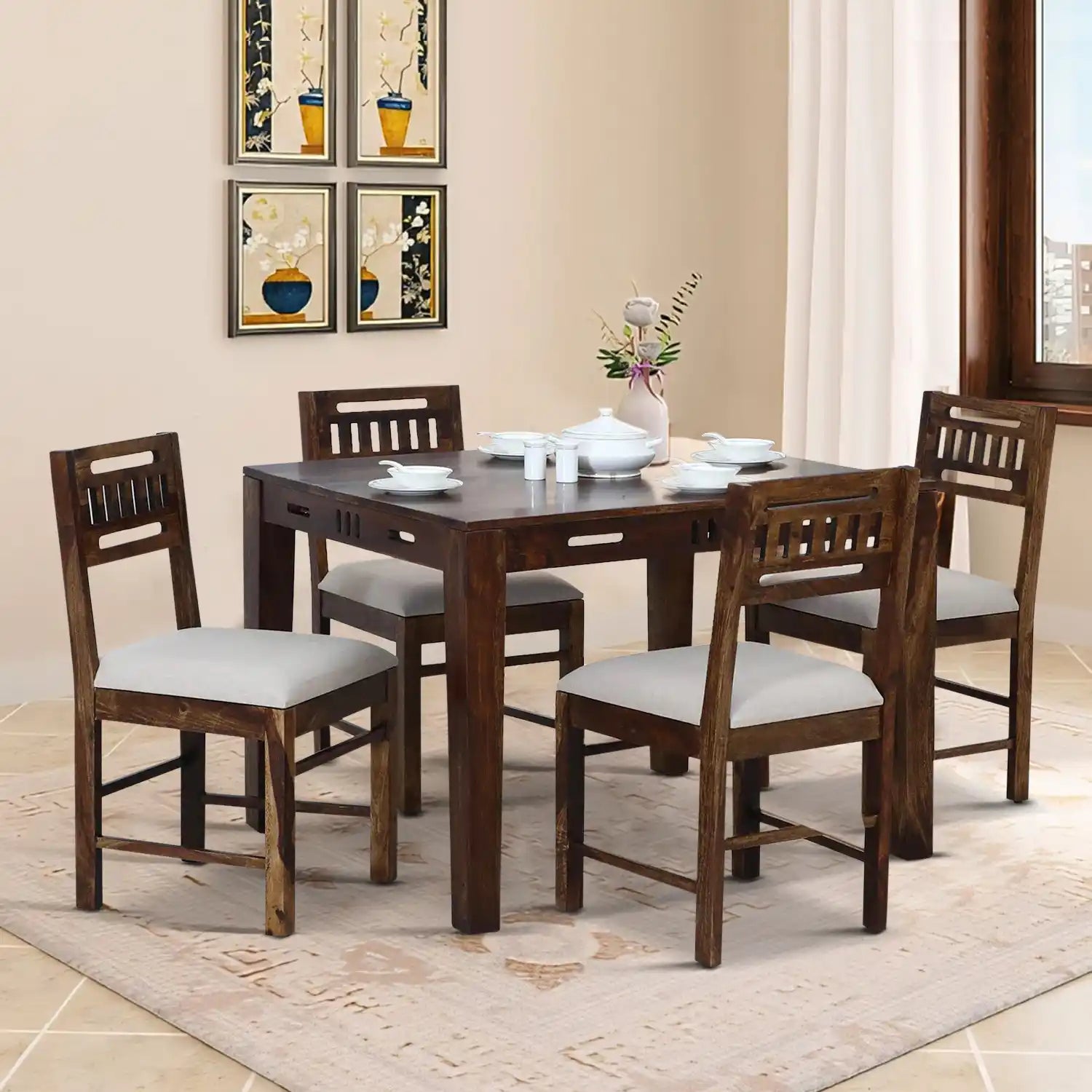 Jenine solid sheesham wood four seater dining table set premium wooden furniture India
