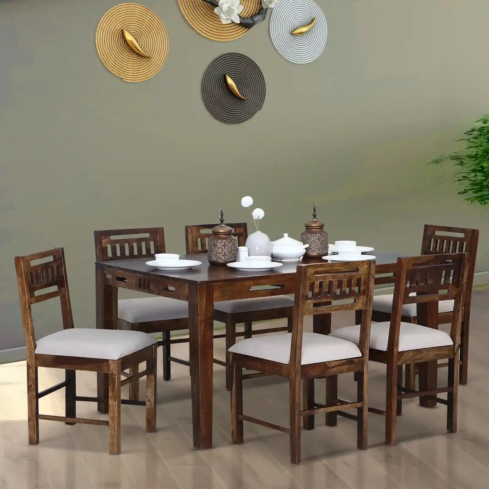 Jenine traditional solid wood six-seater dining set premium sheesham wood furniture for modern Indian homes