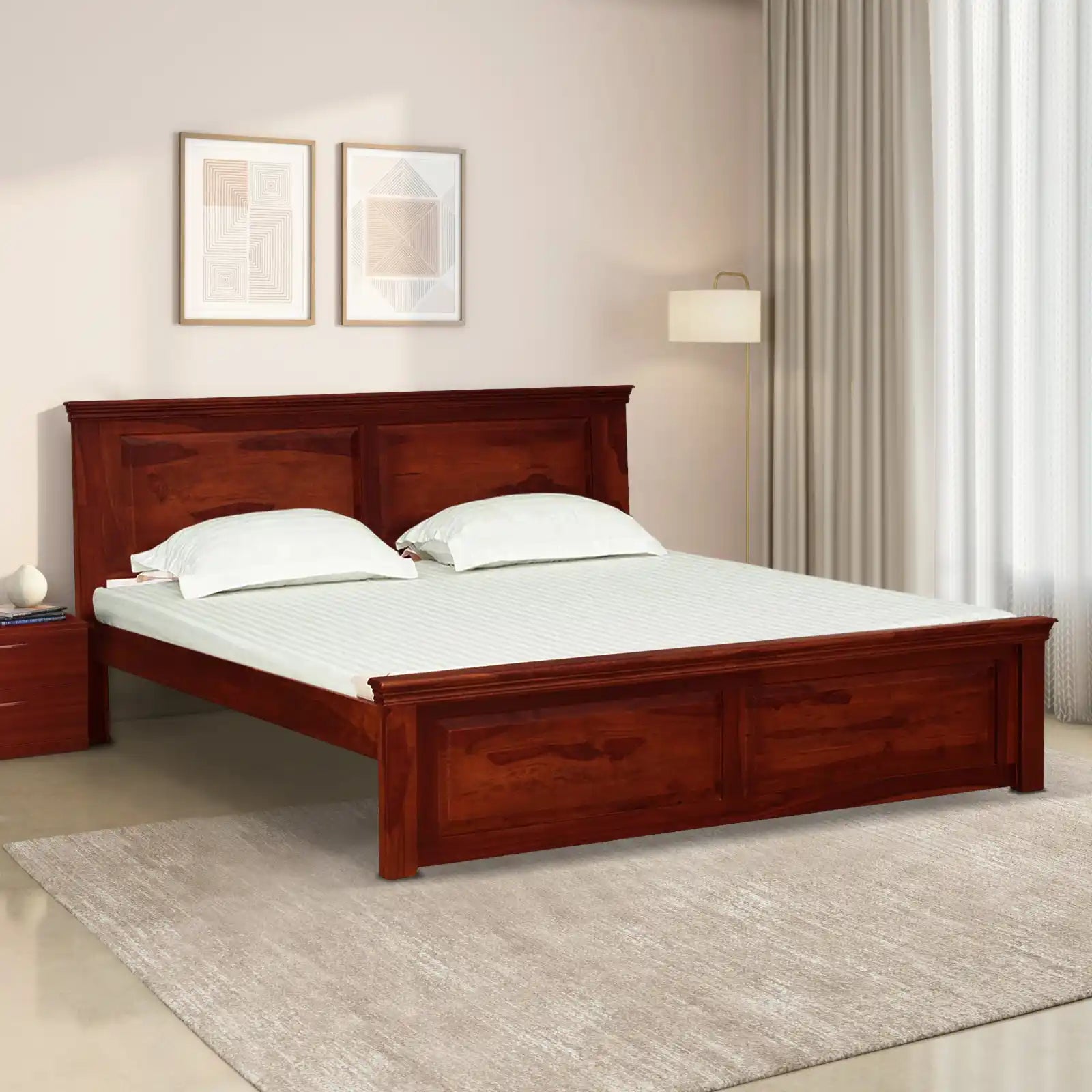 kanishka modern solid wood bed styled in luxury bedroom setup interior design