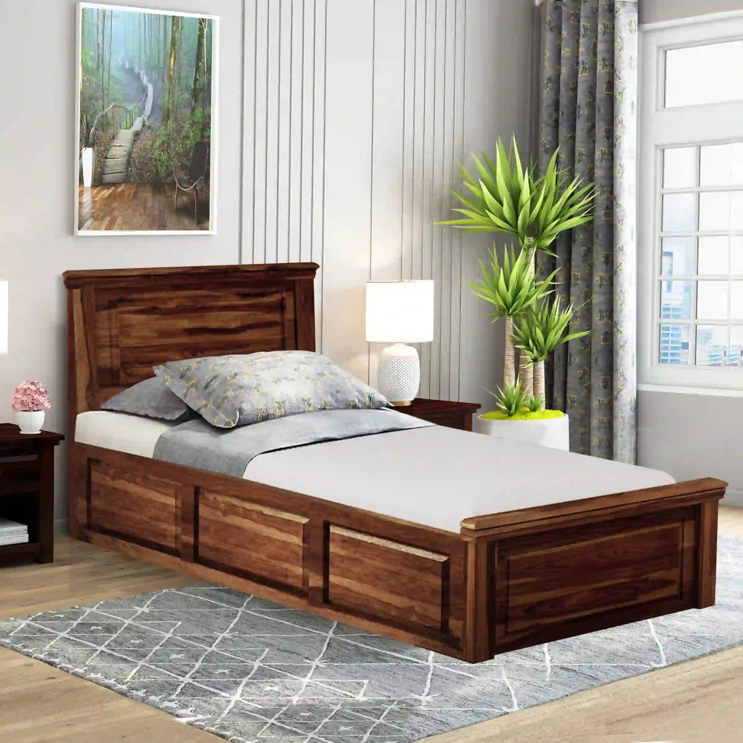 kanishka solid wood single bed front view modern sheesham wood design