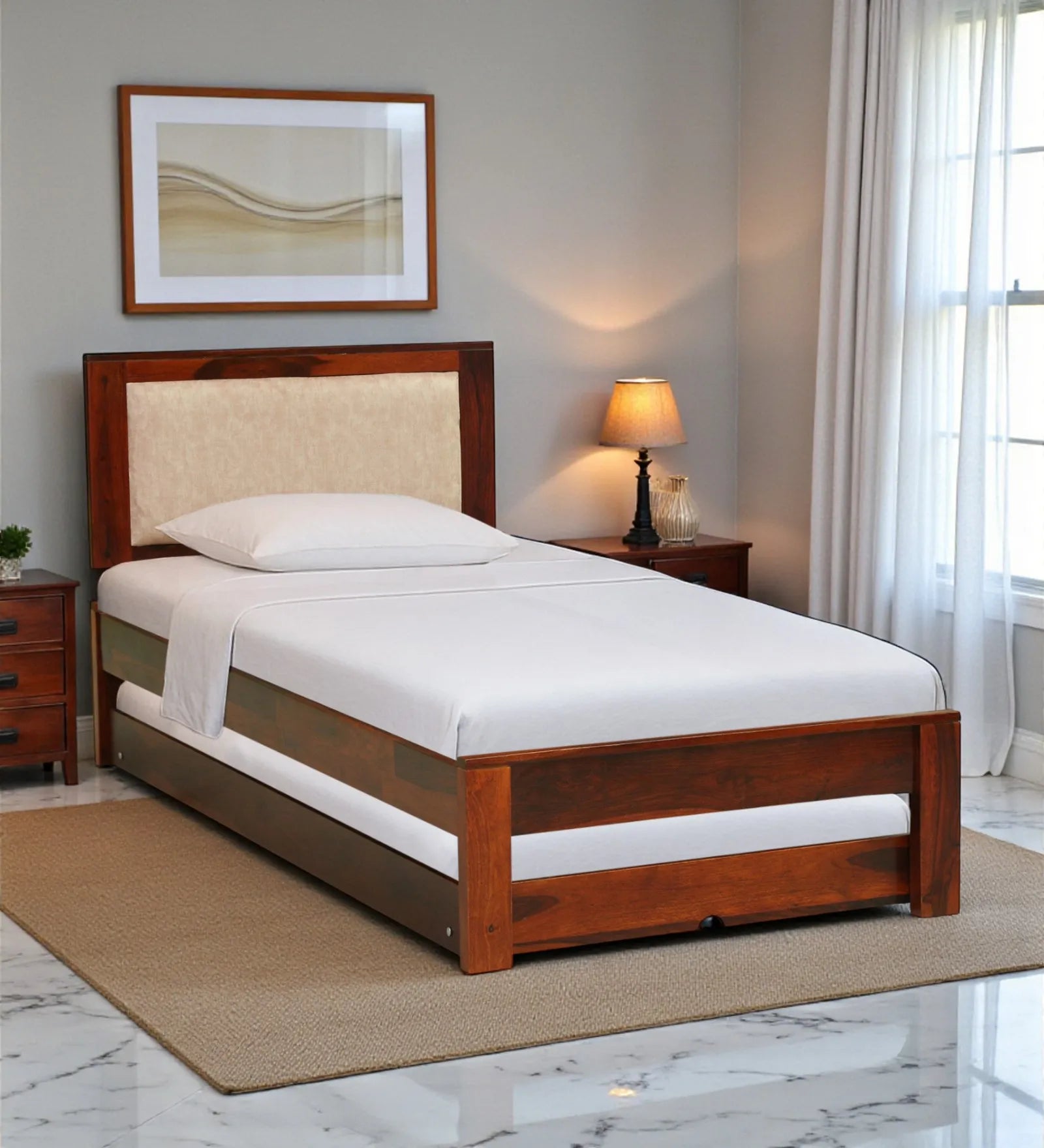 Kashtha solid wood single bed with trundle modern pull out bed India