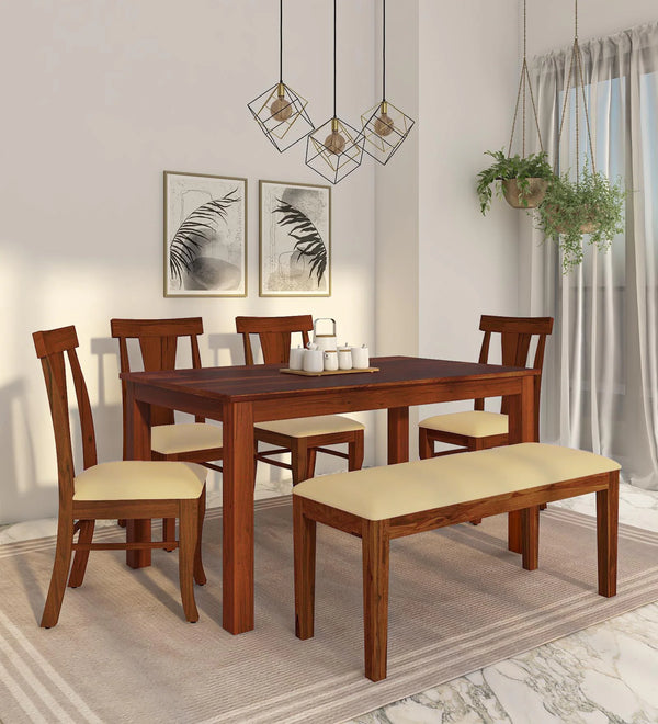 Oslo Solid Wood 6 Seater Dining Set With Bench In Honey Oak Finish By Rajwada