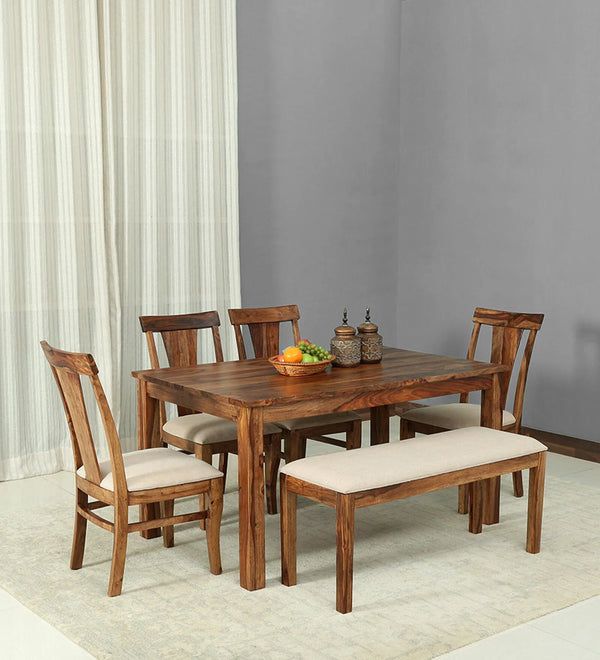 Oslo Solid Wood 6 Seater Dining Set With Bench In Rustic Teak Finish By Rajwada