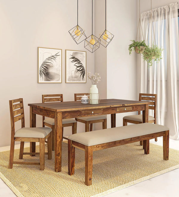 OsloSolid Wood 6 Seater Dining Set With Bench In Rustic Teak Finish By Rajwada