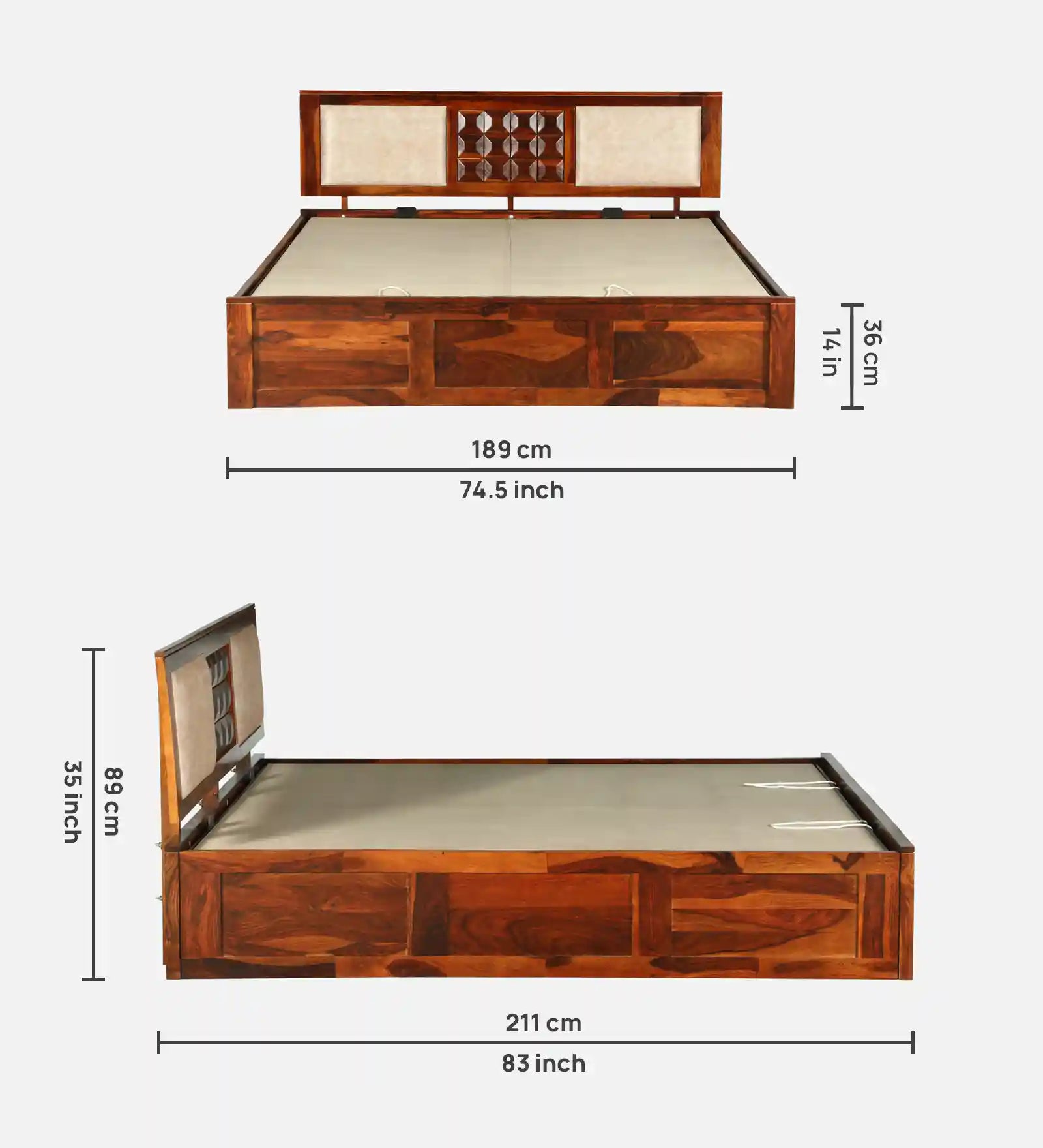 Tejas Solid Sheesham Wood King Size Bed With Hydraulic Storage