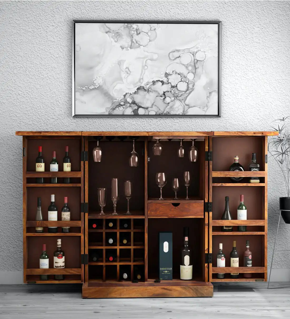 Large solid wood bar cabinet for complete home bar setup