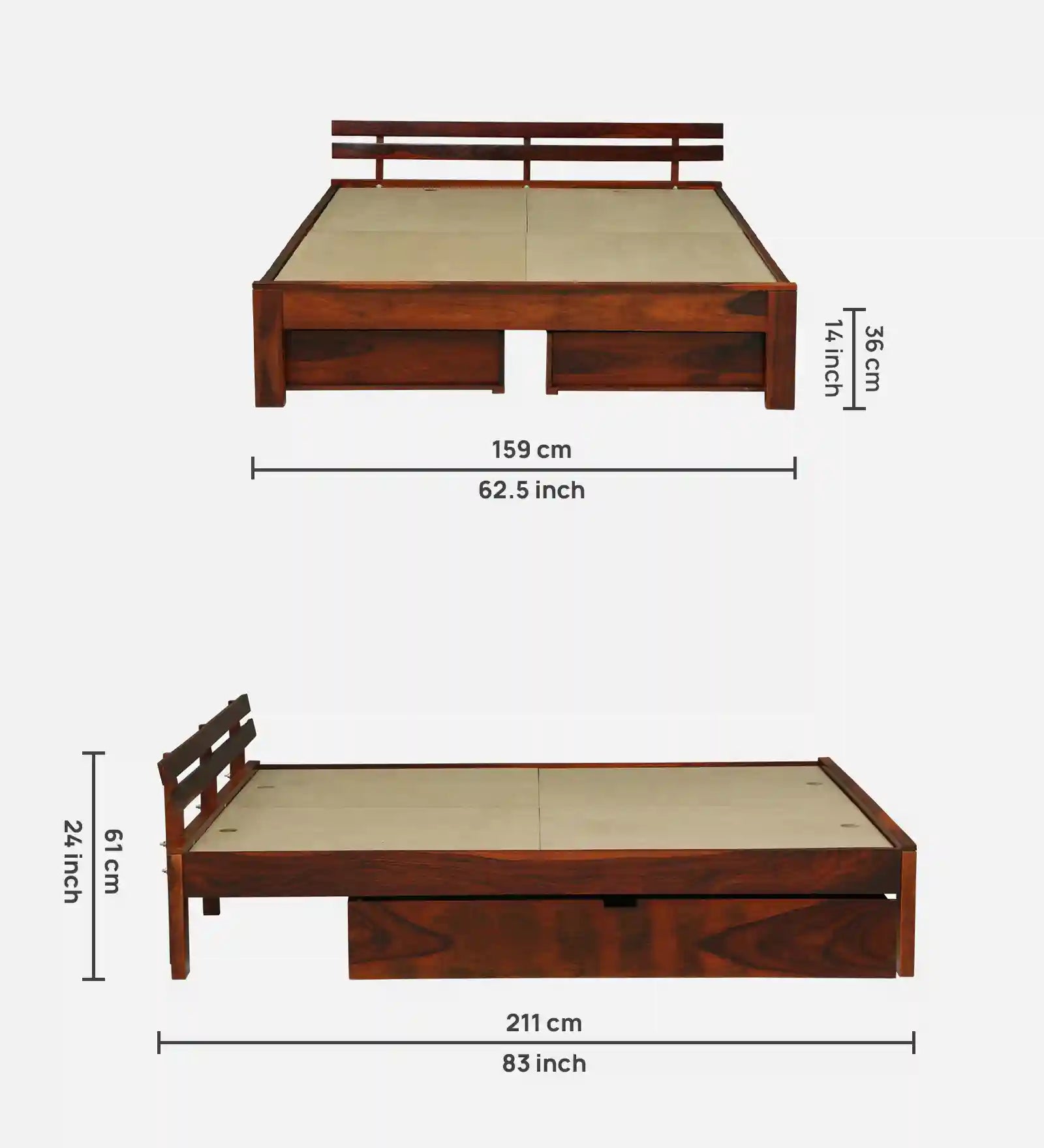 lifestyle bedroom setup with sheesham wood drawer storage bed india