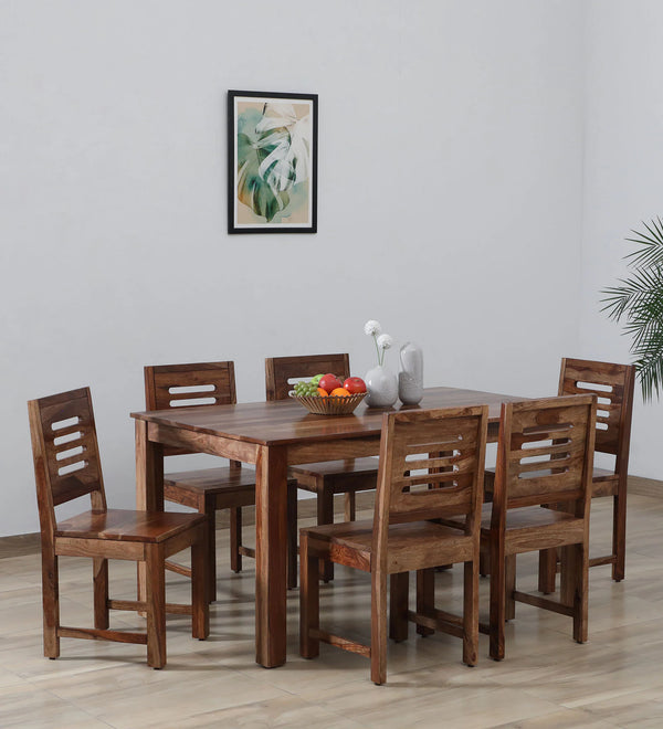 Saho Solid Wood 6 Seater Dining Set In Natural Teak Finish By Rajwada