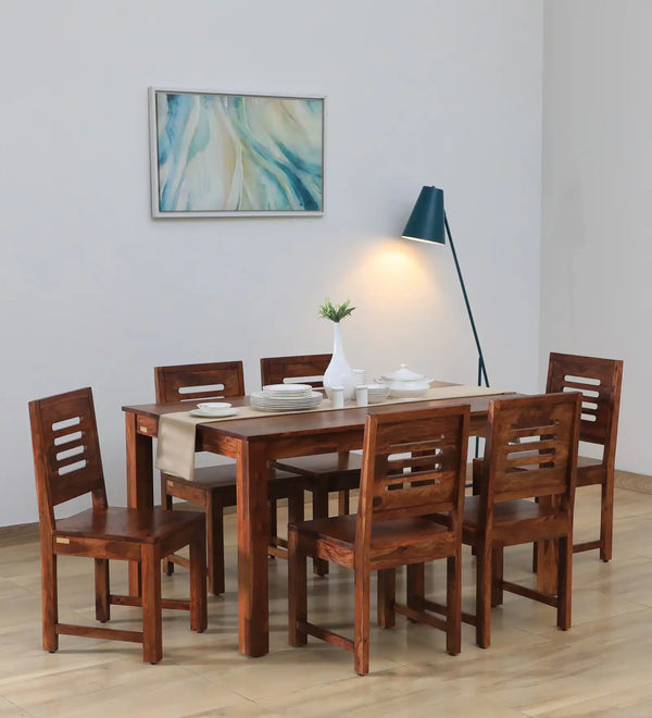 Saho Solid Wood 6 Seater Dining Set In Classic Honey Finish  By Rajwada