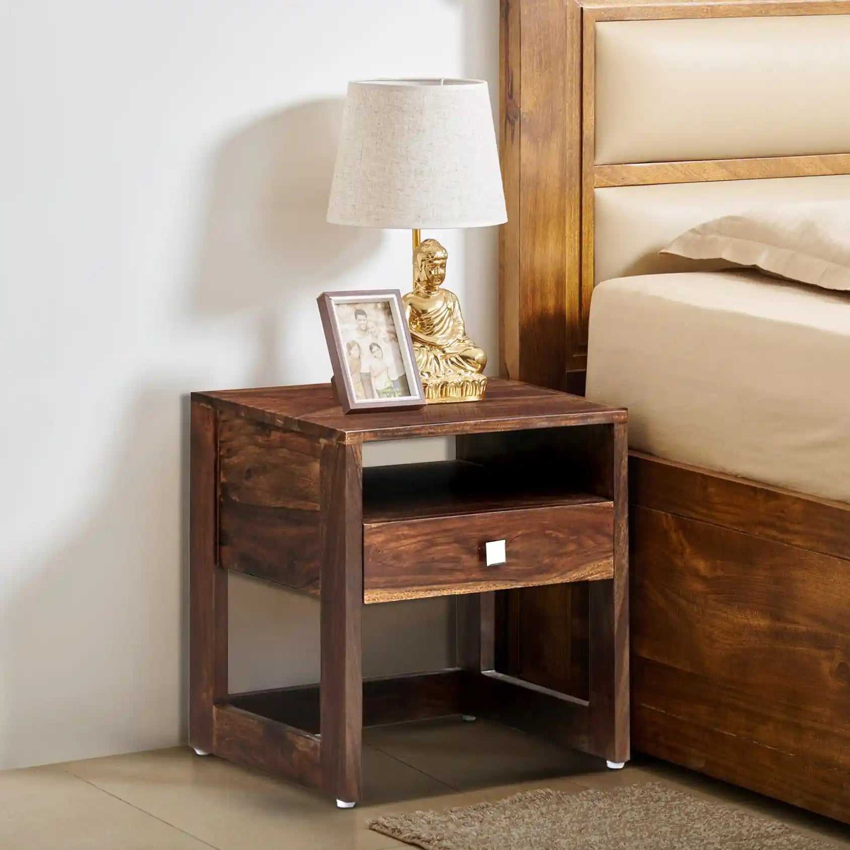 Mia sheesham wood bedside table modern compact nightstand India