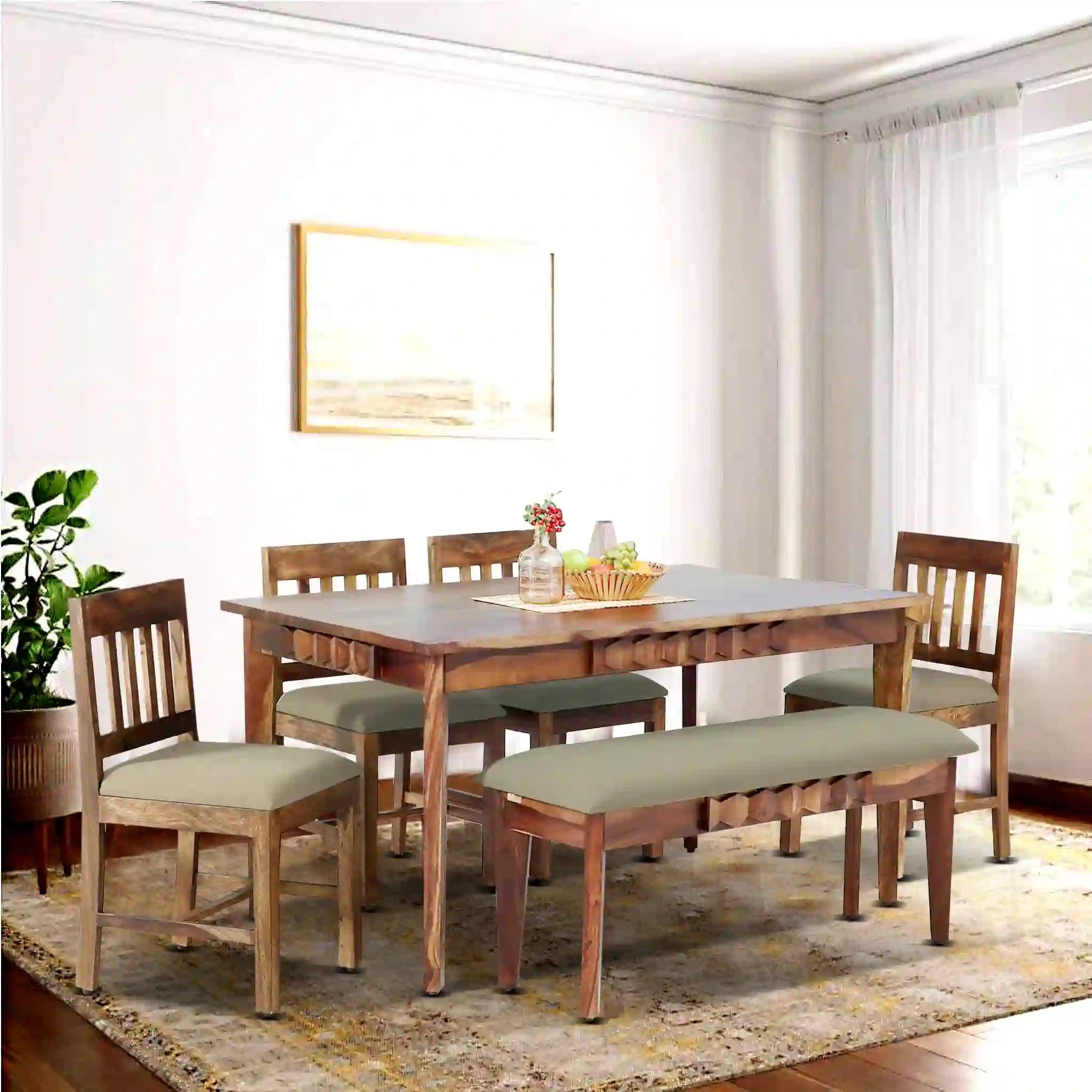 Modern compact Alford six-seater dining set with bench solid wood for dining spaces