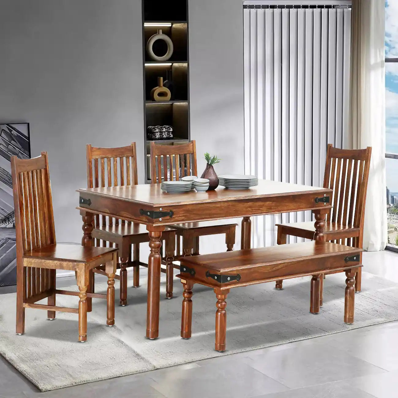 Modern Samrita solid wood six-seater dining set with bench for stylish home interiors