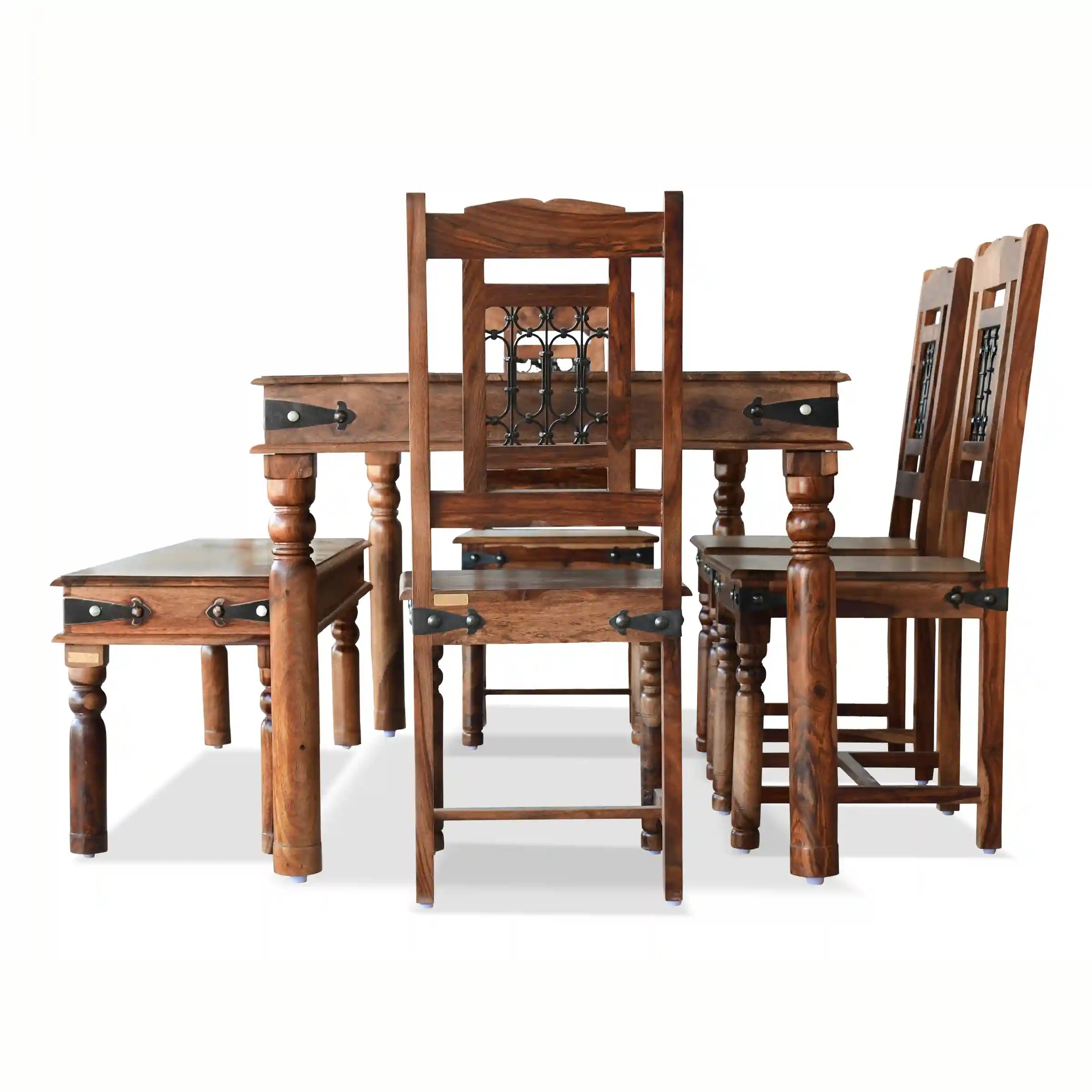Modern solid wood six-seater dining table set with bench Haveli design for stylish interiors