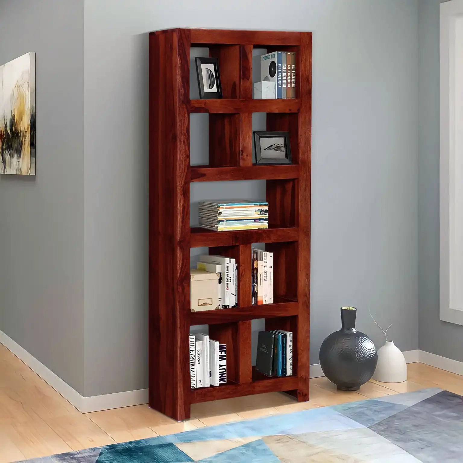 Modern wood shelf storage unit sheesham bookshelf home interior design