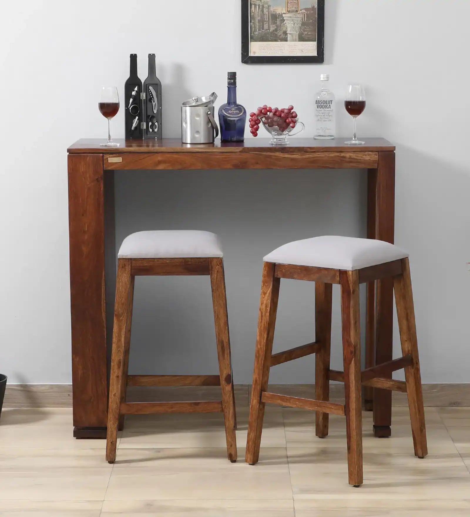 Moscow solid wood bar chair set with table in sheesham wood for home bar setup India