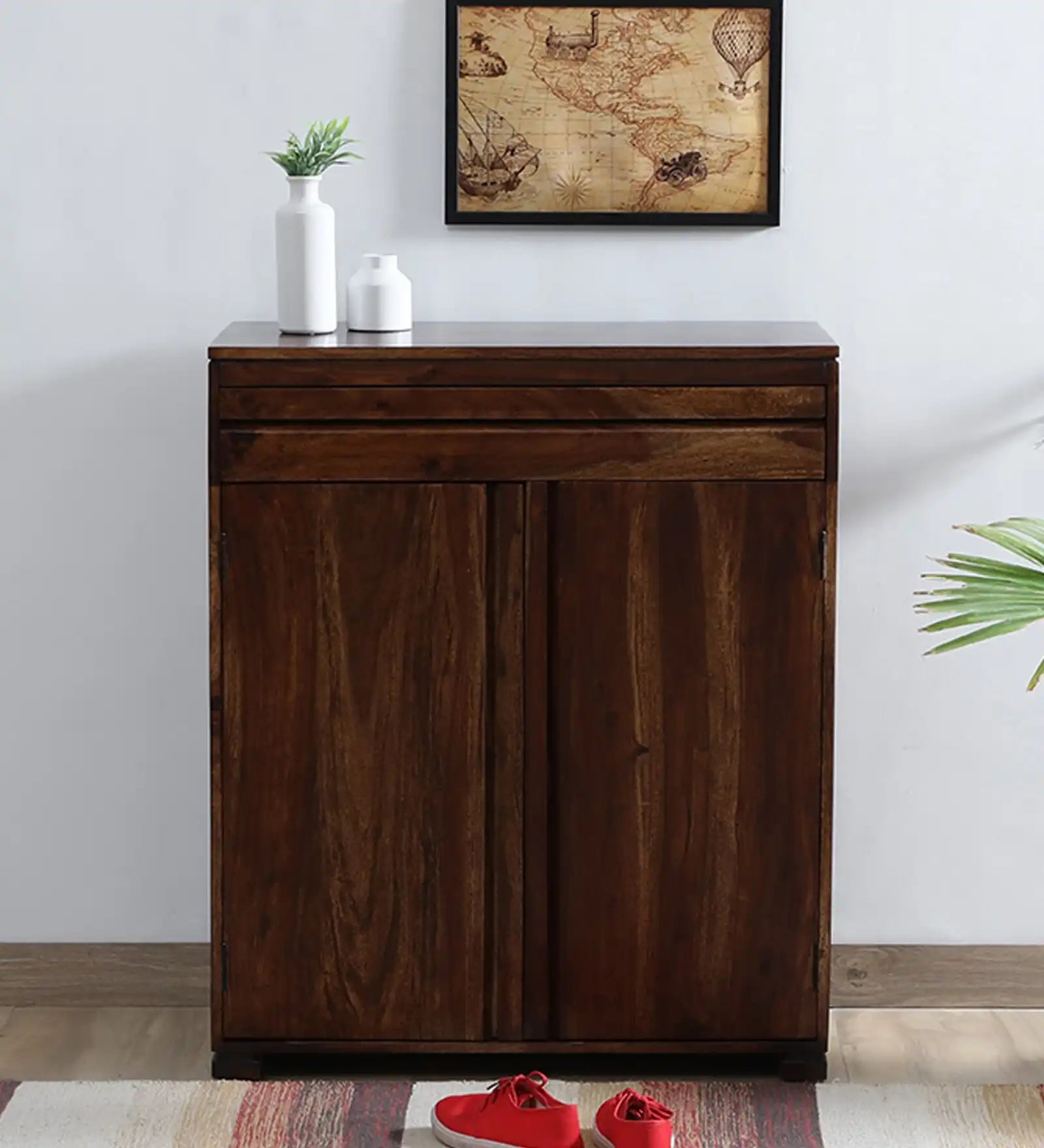 Moscow solid wood shoe rack cabinet made from premium sheesham wood for modern Indian homes