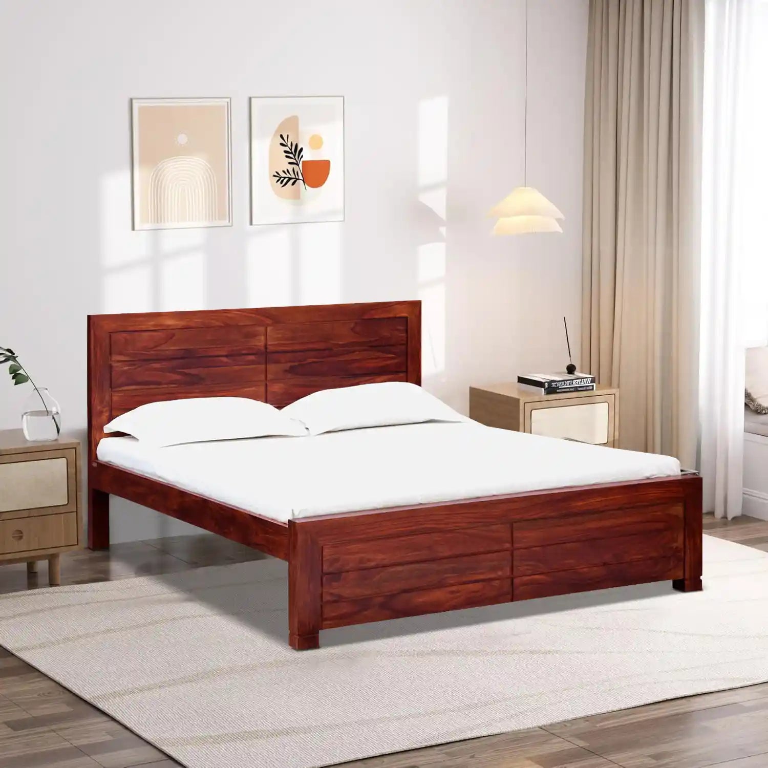moscow sheesham wood queen size bed without storage styled in modern bedroom setup
