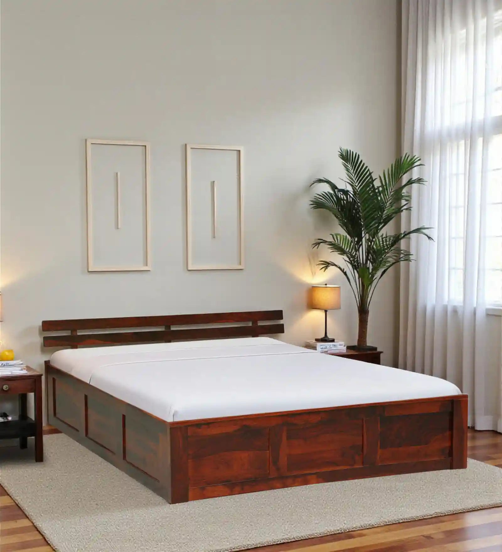 Nivasa solid wood king size bed with hydraulic storage heavy duty
