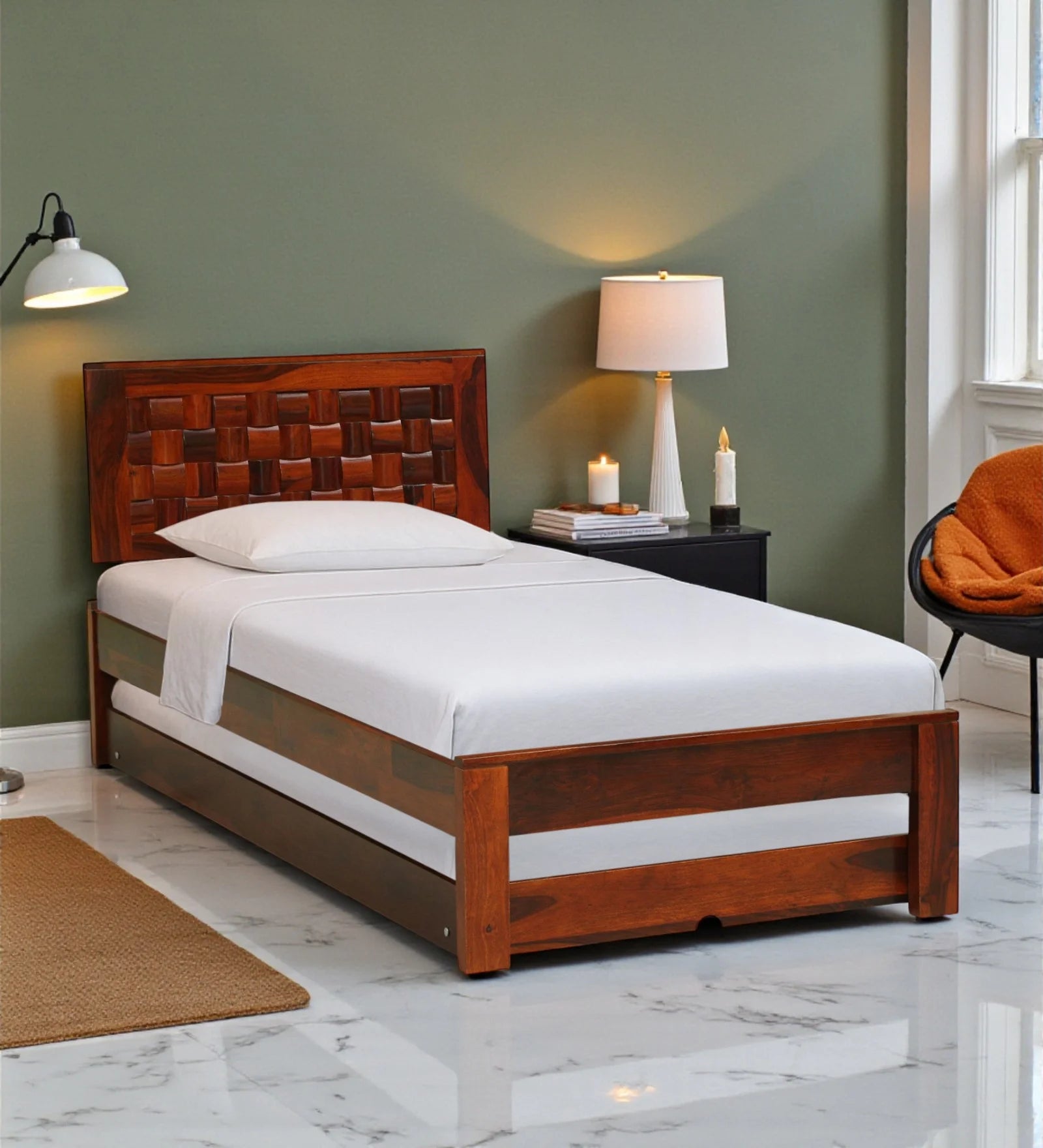 Nivasa solid wood single bed with trundle modern pull out bed India