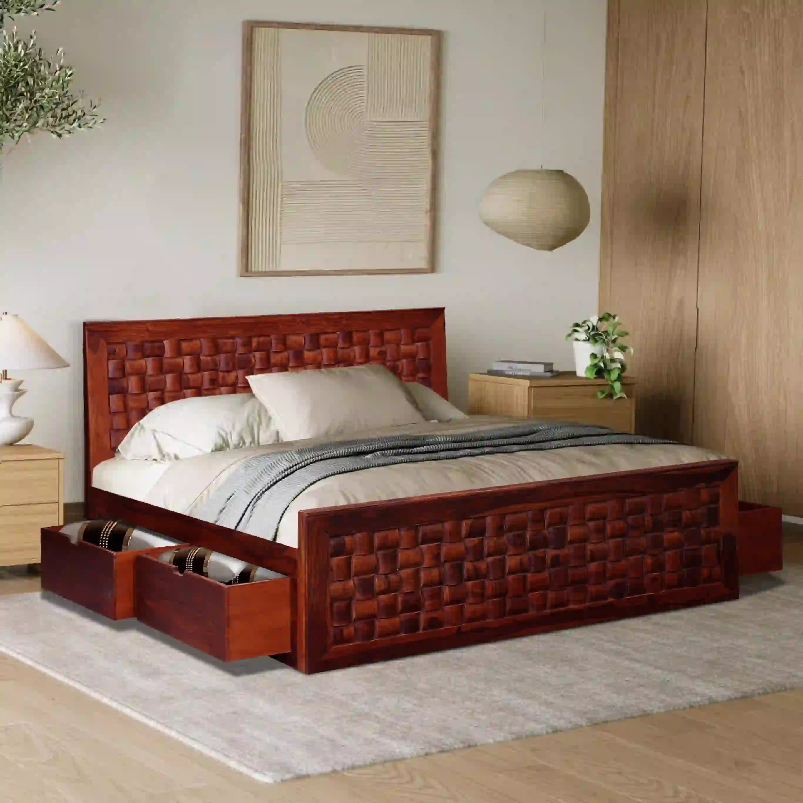 niware solid sheesham wood bed teak finish king size drawer storage bed india