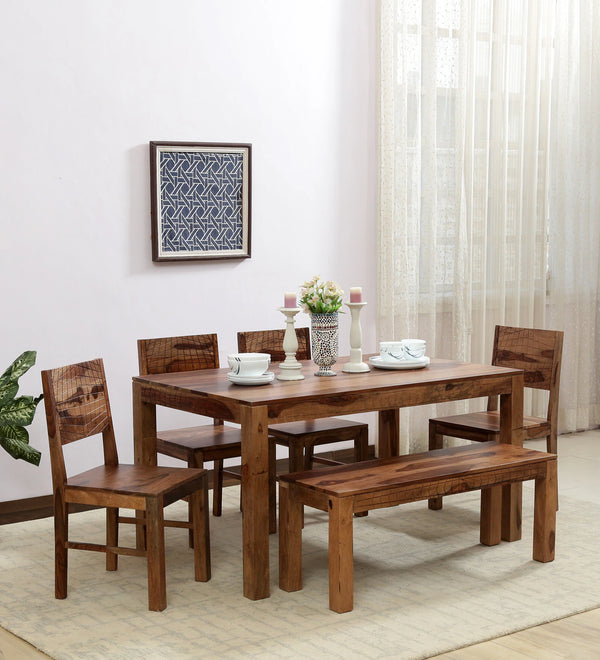 Harmonia  Solid Wood 6 Seater Dining Set With Bench In Rustic Teak Finish 6 set Dining Home and Living Room || Dining Hall