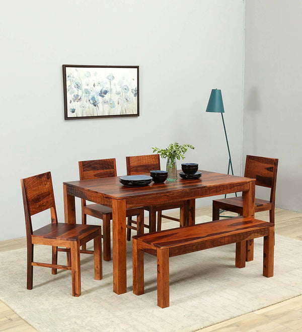 Harmonia  Solid Wood 6 Seater Dining Set With Bench In Honey Oak Finish By Rajwada