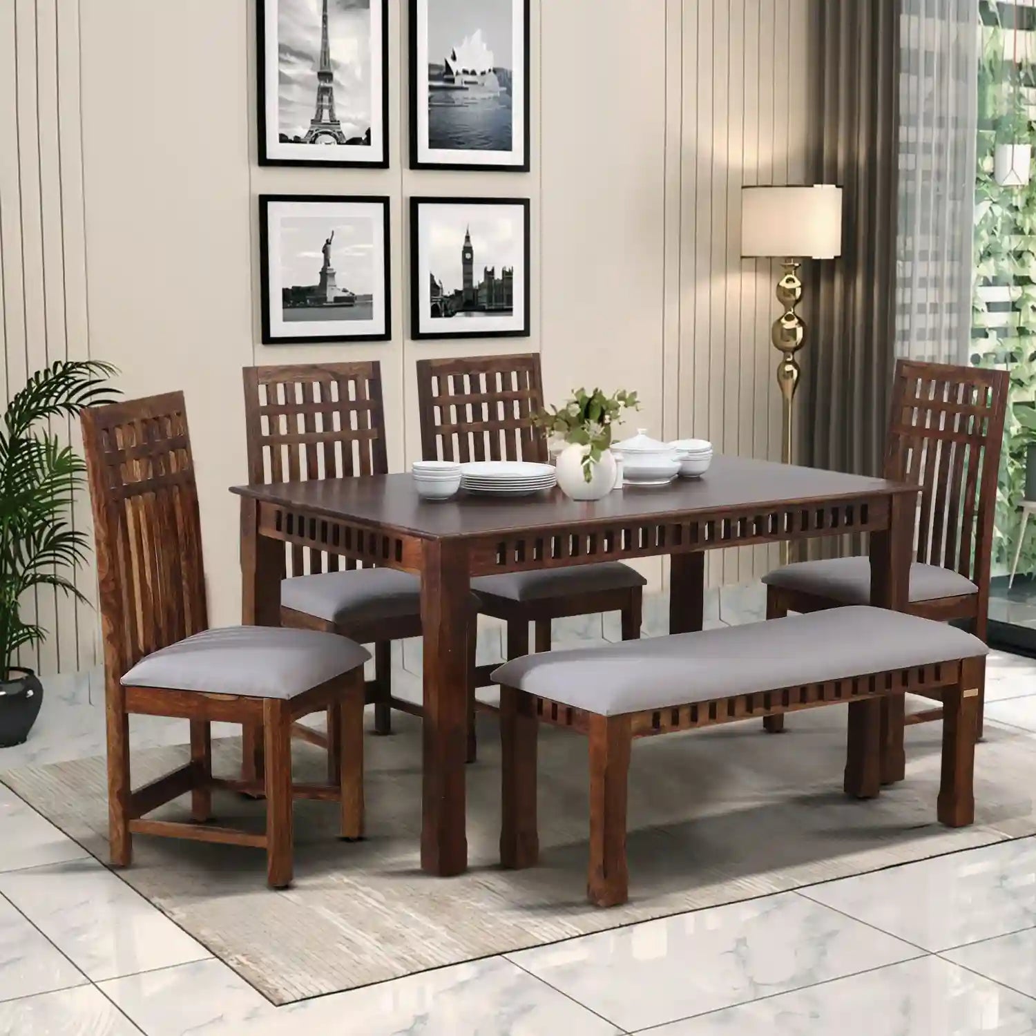 Oasis solid sheesham wood four-seater dining table set premium solid wood furniture for modern Indian homes