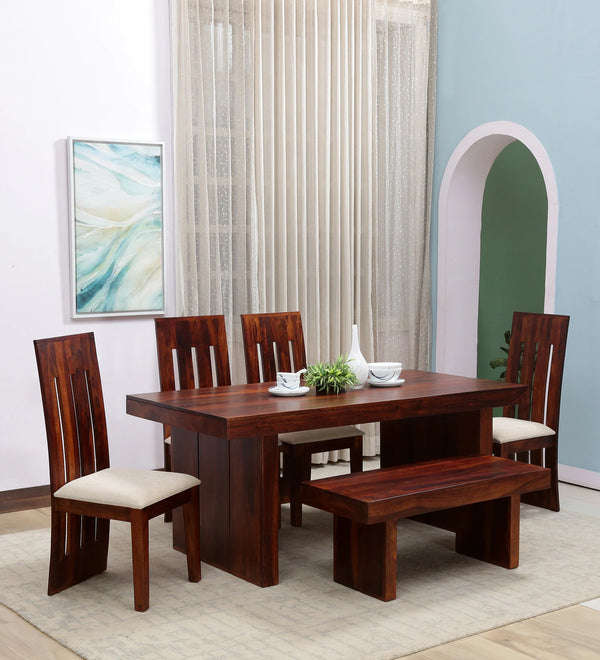 portoSolid Wood 6 Seater Dining Set with Bench In Classic Honey Finish By Rajwada