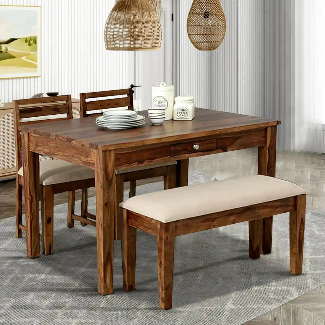 Oslo luxury solid sheesham wood four seater dining table set premium furniture India