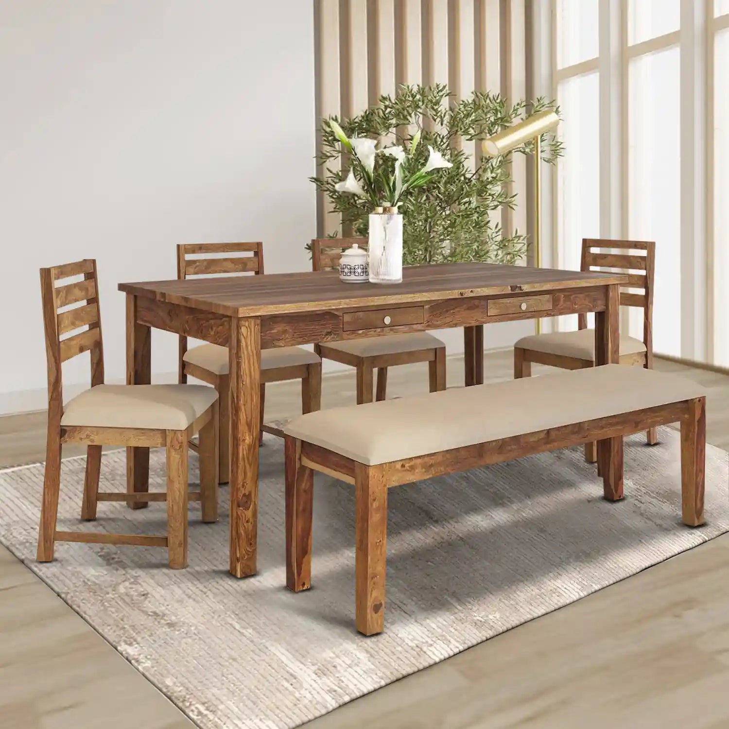 Oslo natural wood six-seater dining table set premium sheesham wood furniture for modern Indian homes