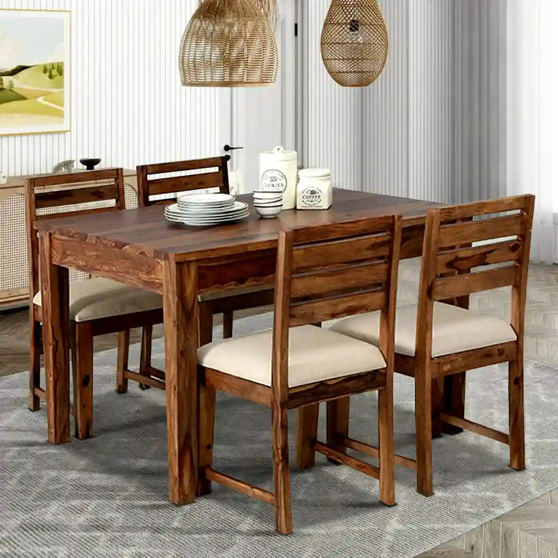 Oslo solid sheesham wood four seater dining table set premium wooden furniture India
