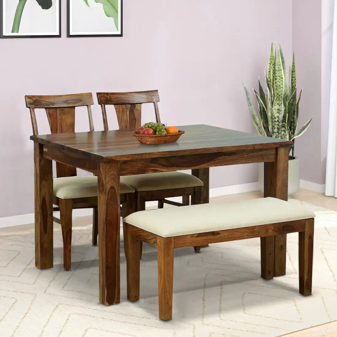Oslo solid sheesham wood four seater dining table set premium wooden furniture India