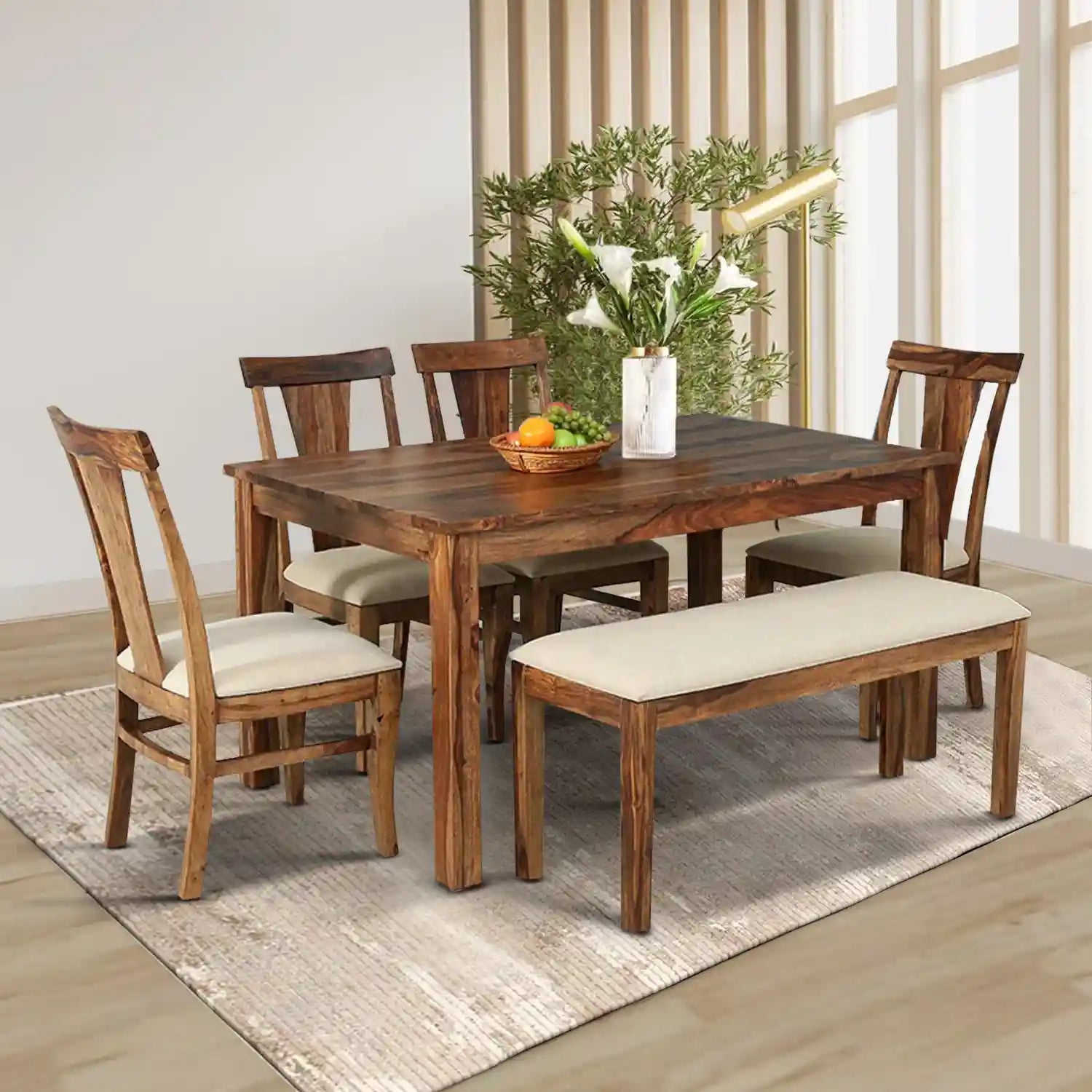 Oslo solid sheesham wood six-seater dining table set premium solid wood furniture for modern Indian homes
