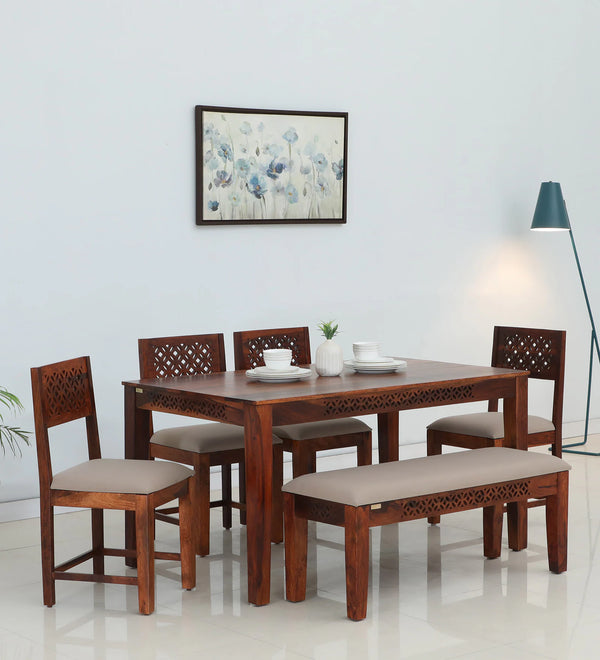 Penza Solid Wood 6 Seater Dining Set With Bench In Honey Oak Finish By Rajwada