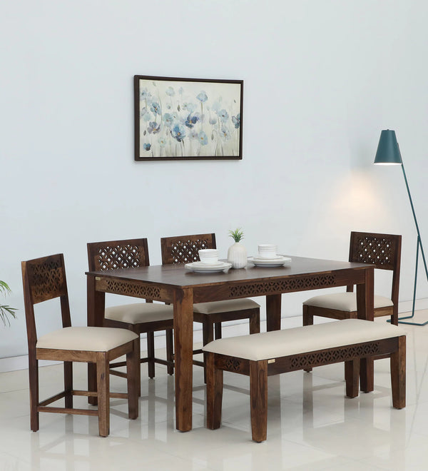 Penza Solid Wood 6 Seater Dining Set with Bench In Provincial Teak Finish By Rajwada