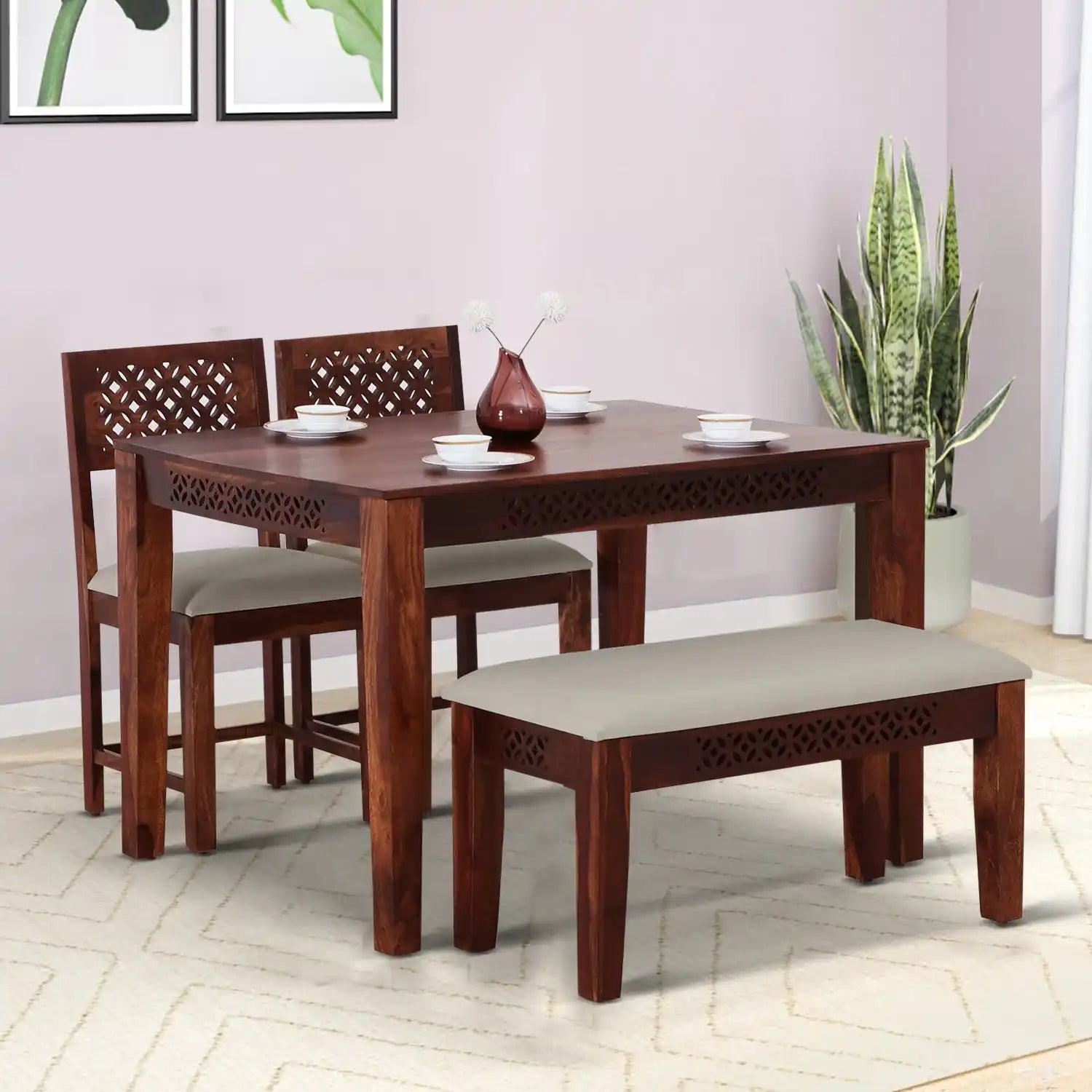 Penza sheesham wood four seater dining table set with bench modern dining furniture