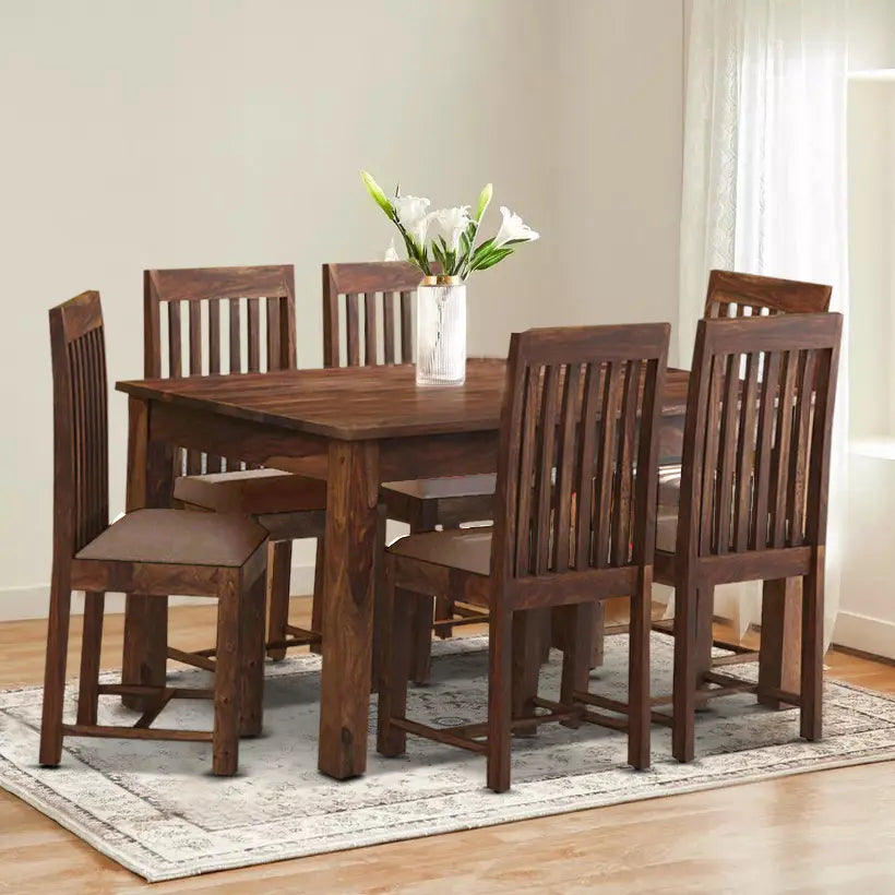 Peter solid sheesham wood six seater dining table set crafted for premium Indian home interiors