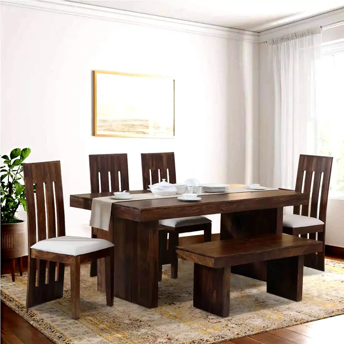 Poster solid sheesham wood six-seater dining set with bench premium solid wood furniture for modern Indian homes