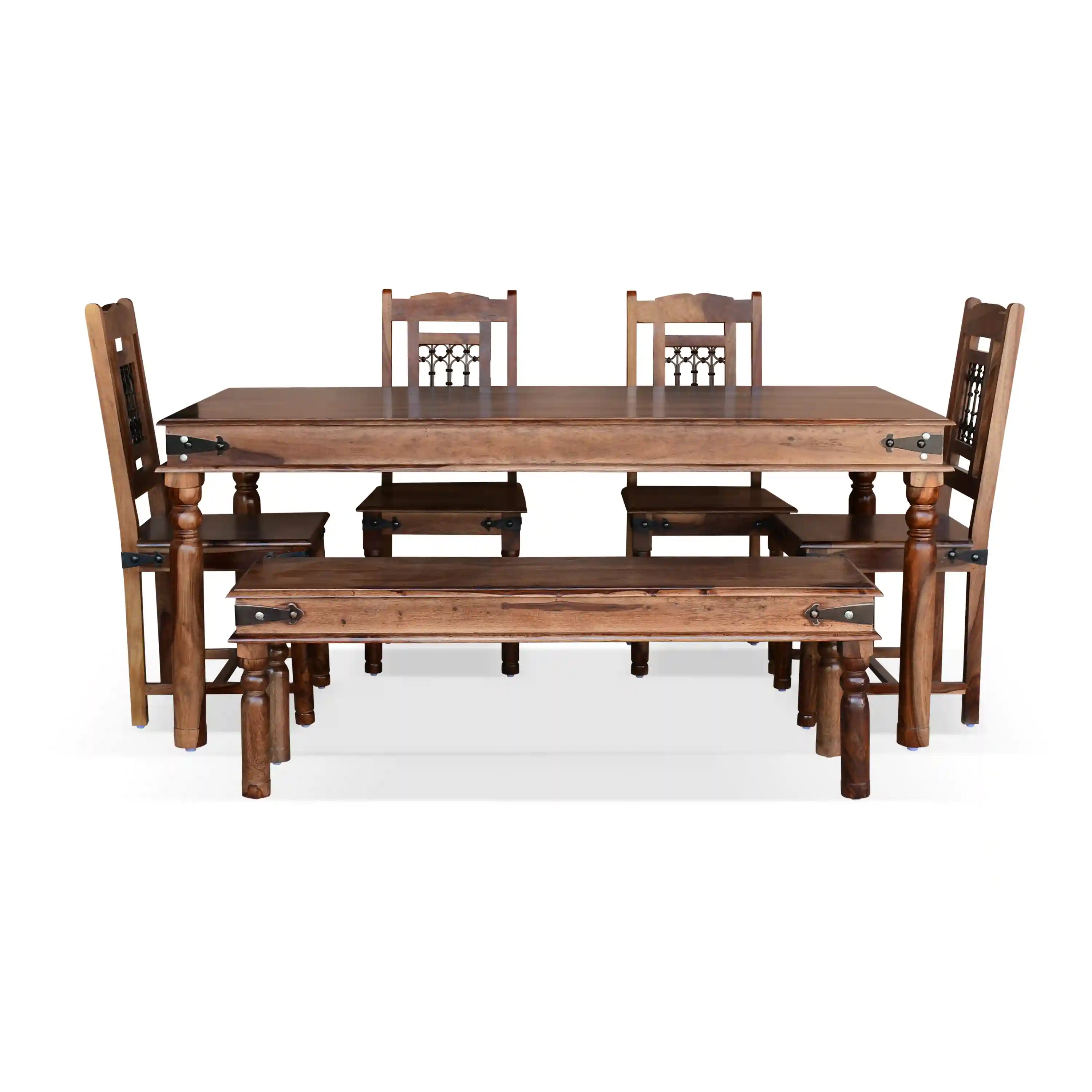 Premium Haveli six-seater dining table set with bench solid wood luxury furniture India