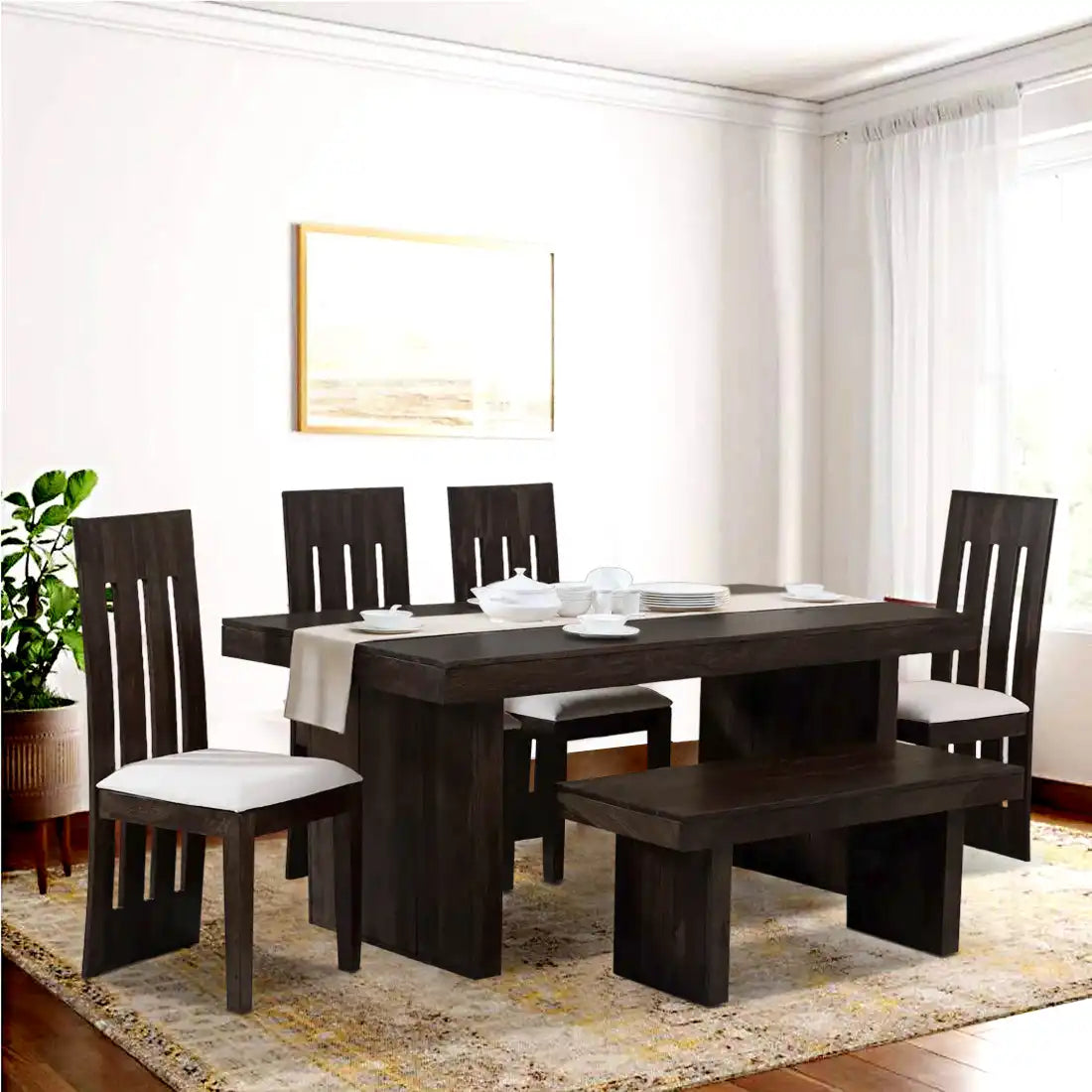 Premium solid wood six-seater dining table set with bench Poster high quality furniture India