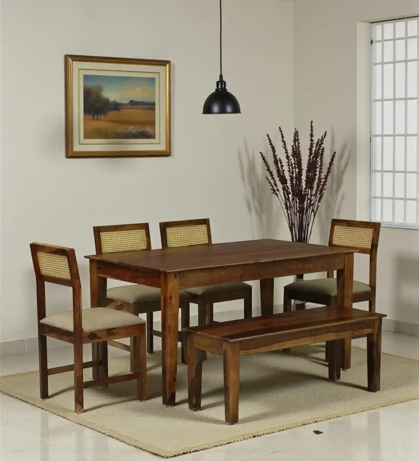 Rattan Sheesham Wood 6 Seater Dining Set with Bench