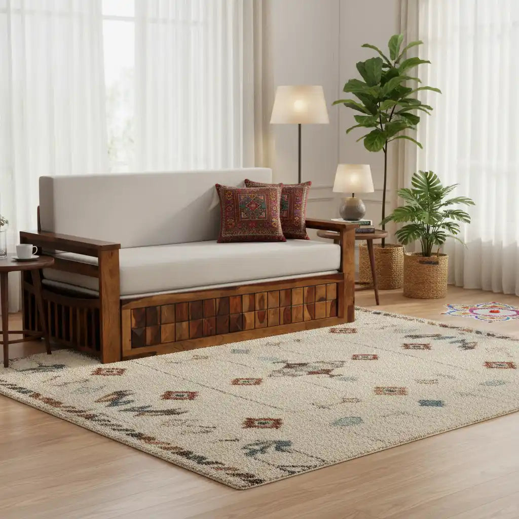 Pull out wooden sofa cum bed solid sheesham storage furniture India