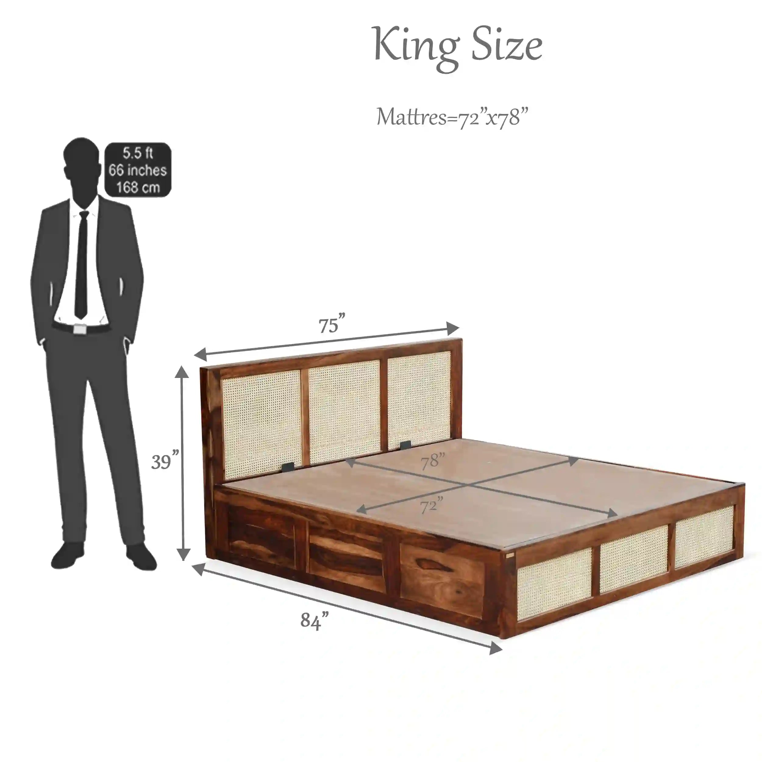 Rattan Solid Wood Cane Bed With Hydraulic Storage
