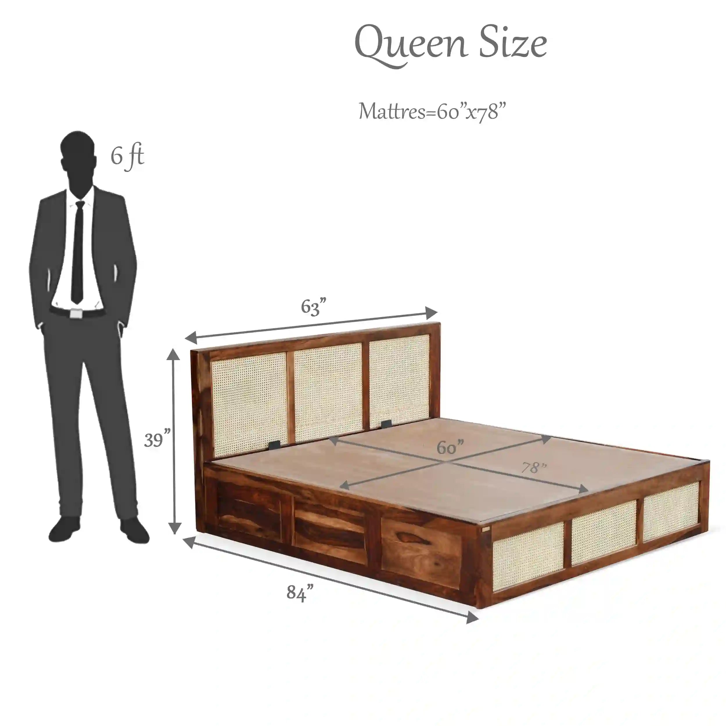 Rattan Solid Wood Cane Bed With Hydraulic Storage