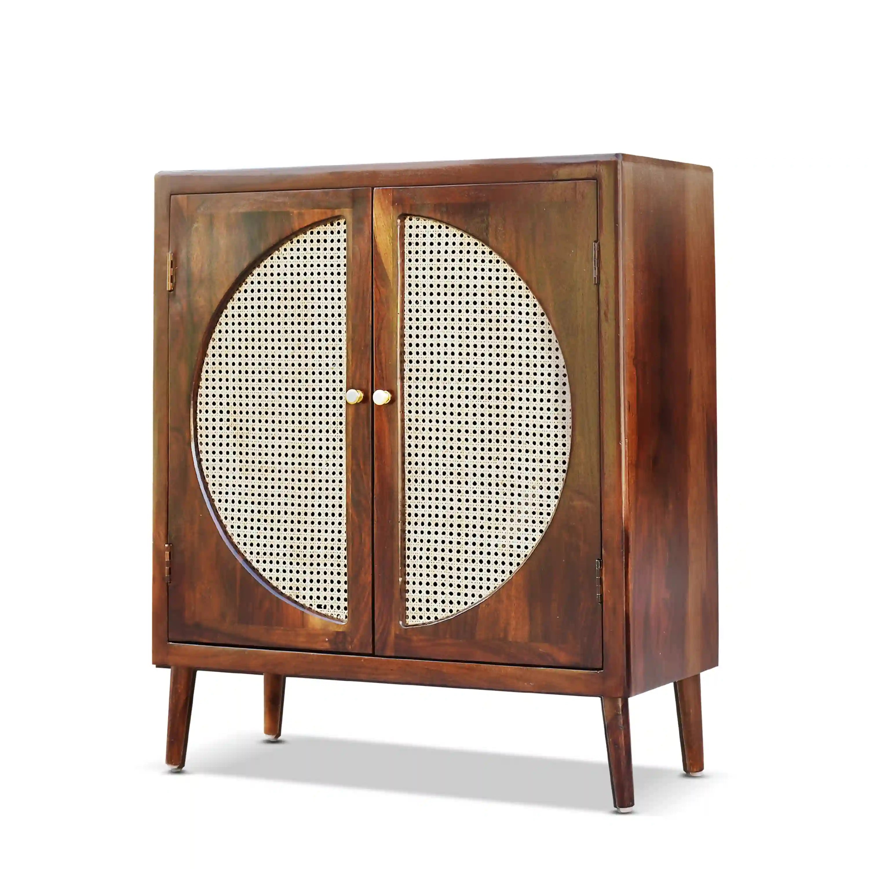 Rattan cane door cabinet solid sheesham wood storage unit design